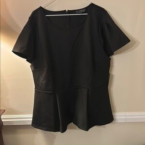 Black peplum blouse with scoop neck and short sleeves